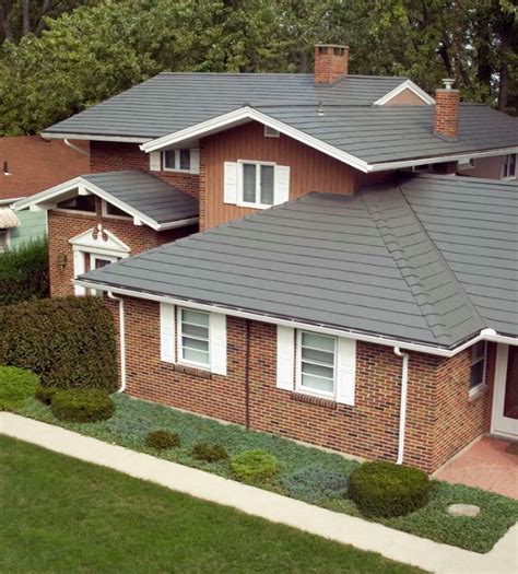 charcoal grey metal roof on brick house|pictures of brick house roofs.